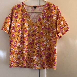 Ann Taylor Floral Short Sleeve Top - Orange and Pink